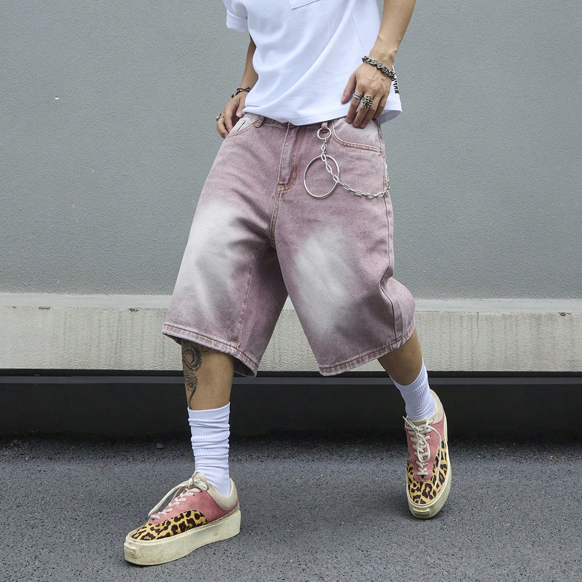Men's Pink Gradient Denim Shor - Street Fashion Baggy ulasan dan harga